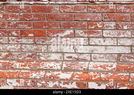 Previously painted brick wall with remnants of white paint on red clay bricks. Stock Photo