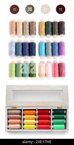 Buttons and threads isolated on white, set. Sewing stuff Stock Photo