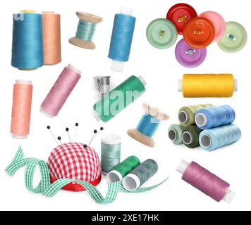 Set with different sewing stuff isolated on white Stock Photo