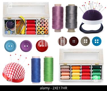 Set with different sewing stuff isolated on white Stock Photo