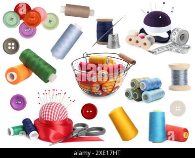 Set with different sewing stuff isolated on white Stock Photo