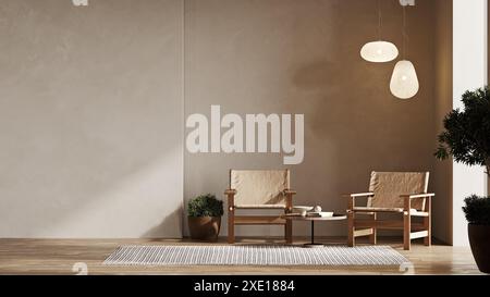 Minimalist modern living room interior background with armchair, living room mock up in Japandy style, empty wall mockup, 3d ren Stock Photo