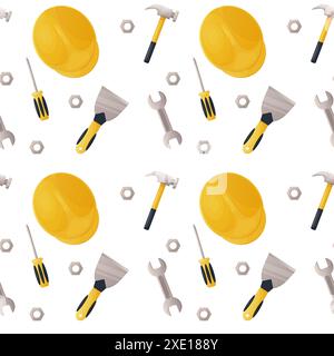 Seamless pattern, building tools. Helmet screwdriver nut Vector Stock Vector
