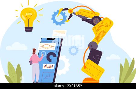 Business automation program. Computer engineer programming automated business process for industry robot arm machines professional services automated work ad vector illustration Stock Vector