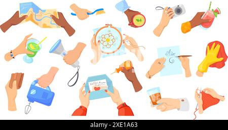 Hands holding different objects. Cartoon hand hold gesture diverse items stuff bundle, pen map brush mug glass wallet flashlight camera envelope in arms set vector illustration Stock Vector