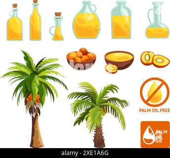 Cartoon palm oil. Palms trees crude seeds harvest plantation, junk food tropical tree oils drop in bottle, fat acids meal industry icons set cartoon ingenious vector illustration Stock Vector