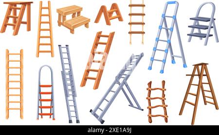 Cartoon step ladders. Tall ladder work tool, climb stairway stand high staircase metal aluminium or wooden stairs renovation household inventory instrument neat vector illustration Stock Vector