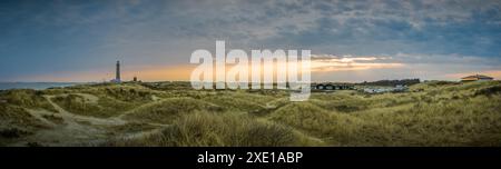 Panorama view of coastline with the famous Skagen Grey Lighthouse, Skagen GrÃ¥ Fyr, Skagen, Grenen in Stock Photo