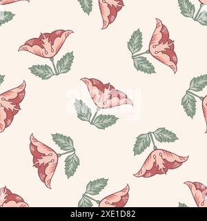Vintage florals vector seamless pattern background. Scattered flowers and leaves backdrop. Stylized roses or tulips. Hand-drawn pink and green Stock Vector