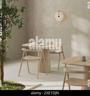 Served table in modern cafe interior, wooden furniture, green natural cafe, 3d render Stock Photo