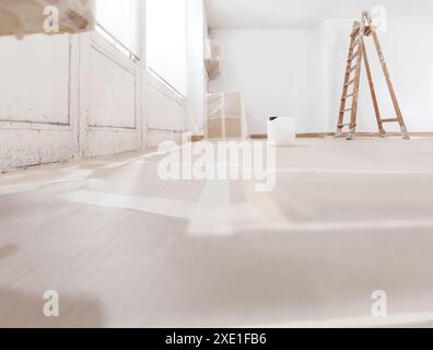 Home renovation site, ladder and jerrycan on floor, products for mold remediation and repainting walls. Concept of home refurbishment and mold removal Stock Photo