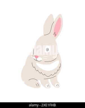 Cute little pet rabbit doodle hand drawn character. Adorable white bunny in linear cartoon style. Editable stroke illustration Stock Vector