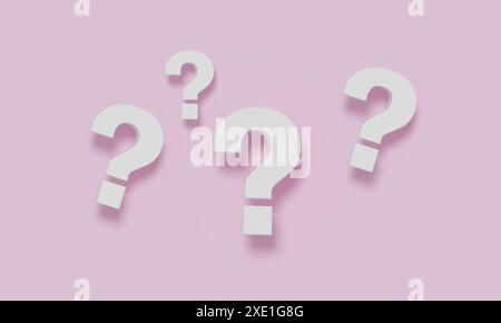 Minimalistic image featuring several white question marks scattered against a soft pink background, symbolizing inquiry, curiosity, and uncertainty. Stock Photo