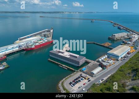 Portland, Dorset, UK.  25th June 2024.  General view from the air of the Bibby Stockholm asylum seekers barge at Portland Port near Weymouth in Dorset.  Picture Credit: Graham Hunt/Alamy Live News Stock Photo