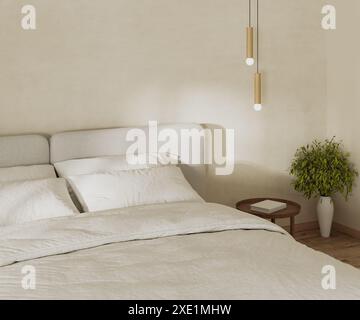 Bedroom interior mock up with big bed close up, bedside table with pendant light above, sunlight on wall, 3d rendering Stock Photo