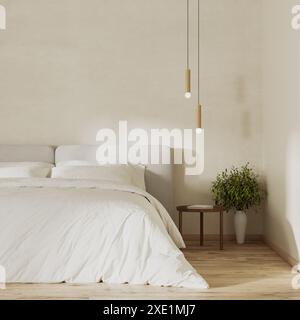 Close up of bed in modern bedroom interior in minimalist scandinavian style, 3d rendering Stock Photo