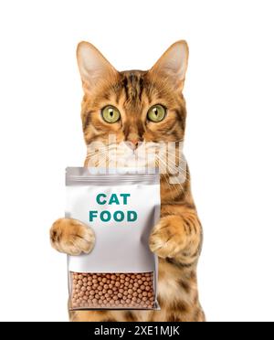 Funny cat is holding a pack of dry cat food Stock Photo