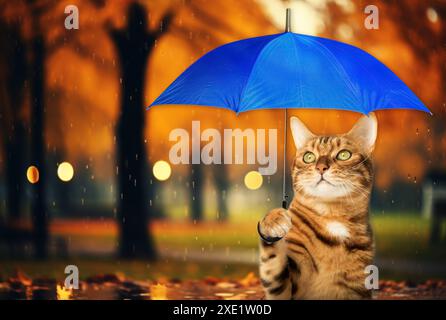 Cat with an umbrella on the background of an autumn park. Stock Photo