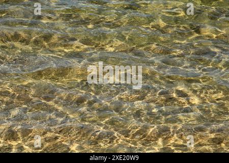 Concept. summer vacation.Crystal clear shallow glimmering sea water washing onto a golden sandy beach. Algarve, Portugal. Stock Photo