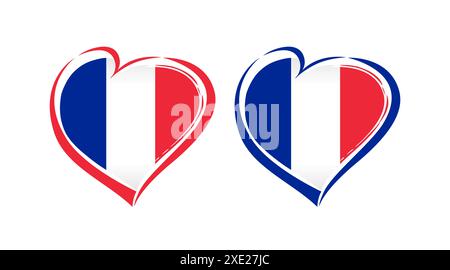 Set of French heart icons. Brushing stroke frame and flag of France. Blue, white and red colours. Sport logo concept. Modern design. Awards concept. Stock Vector