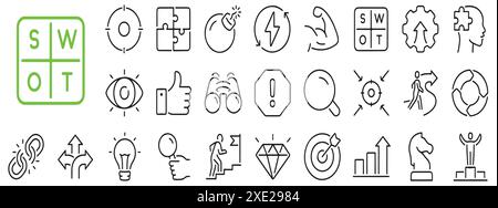 SWOT analysis of strengths, opportunities, weaknesses and threats stroke outline icons set isolated on white background flat vector illustration. Stock Vector