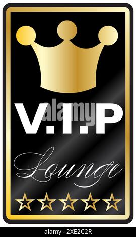VIP Lounge sign, gold on black gradient with gold crown isolated on white or transparent background Stock Vector