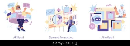 Retail Technology set. Augmented reality shopping, predictive analytics, and artificial intelligence integration. Future of commerce with digital innovation. Vector illustration. Stock Vector