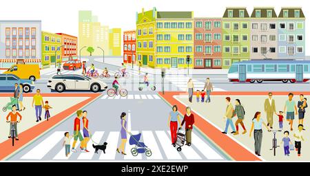 Road traffic with pedestrians and crosswalk, illustration Stock Photo ...