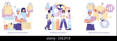 Innovation in procurement set. Digital shopping, data analytics, and secure transactions through blockchain represented with characters and icons. Vector illustration. Stock Vector