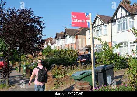 Labour sign in Chingford and Woodford Green constituency, where ex-Labour candidate Faiza Shaheen is running as an independent Stock Photo