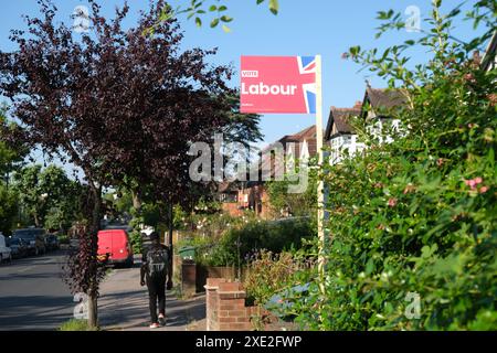 Labour sign in Chingford and Woodford Green constituency, where ex-Labour candidate Faiza Shaheen is running as an independent Stock Photo