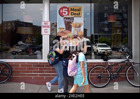 New York, USA. 25th June, 2024. McDonald's fast food chain releases new '$5 Meal Deal' today in an attempt to bring back customers and increase sales as inflation continues to affect consumer spending, New York, NY, June 25, 2024. (Photo by Anthony Behar/Sipa USA) Credit: Sipa USA/Alamy Live News Stock Photo