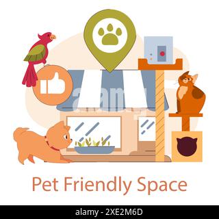 Pet Friendly Space concept. Welcoming area for animals with icons of cats, dogs, and birds. Inclusive design for pets. Vector illustration. Stock Vector