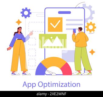Branded App concept. Professionals enhance a mobile application's performance and design. Optimization strategy, user interface upgrade. Vector illustration. Stock Vector