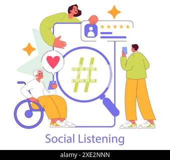 Social media marketing concept. Engaging audience, monitoring feedback, and tracking hashtag performance. Inclusive online engagement. Vector illustration. Stock Vector