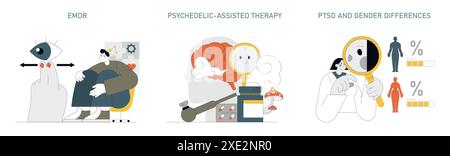 PTSD therapy methods set. EMDR technique, psychedelic-assisted treatment, and gender-related PTSD differences. Mental health healing strategies. Vector illustration. Stock Vector