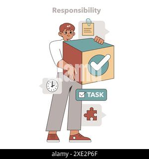 Responsibility in Task Delegation concept. A focused individual holding a large task cube, symbolizing personal commitment to the project. Vector illustration. Stock Vector
