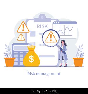 Risk Management concept. A professional evaluating financial uncertainties, with tools for mitigating potential threats. Navigating market dynamics. Vector illustration. Stock Vector