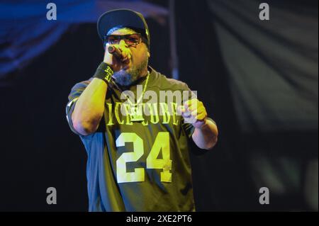 Hollywood, USA. 23rd June, 2024. Ice Cube performs in Hollywood, Florida on June 23, 2024. The performance was part of the Unlimited Love world tour with the Red Hot Chilli Peppers. (Photo by Geoffrey Clowes/Sipa USA) Credit: Sipa USA/Alamy Live News Stock Photo