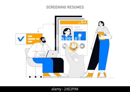 Stages of hiring process from negotiation to job offer acceptance and candidate evaluation. Employee search and assessment concept. Vector illustration. Stock Vector