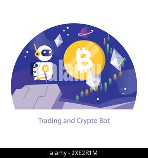 Trading and Crypto Bot concept. A futuristic bot navigates the cryptocurrency landscape, depicted against a backdrop of Bitcoin and market charts, symbolizing automated trading. Vector illustration. Stock Vector
