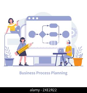 Business process planning concept. Executives strategizing for streamlined operations. Crafting efficient workflow diagrams for cost-effective solutions. Focus on operational excellence. Stock Vector