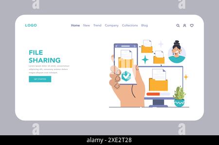 File Sharing web or landing. Hand holding a phone with transferred documents, woman's portrait signifies collaboration, data distribution and synchronization on devices. Digital teamwork made easy Stock Vector