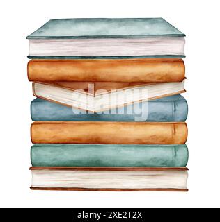 Watercolor illustration stacks of books for reading, pile of textbooks for education. Set of literature, dictionaries, encyclopedias. Colored Stock Photo