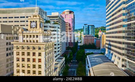 Aerial View of Historic Clock Tower and Modern Skyline in Portland Oregon Stock Photo