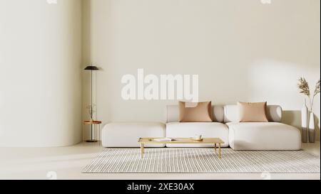 Minimalist living room interior with curvy wall, sofa with pillows and beige plasters walls. Interior mockup, 3d render Stock Photo