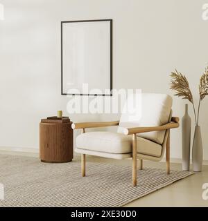Poster picture blank frame in modern home interior, reading nook, beige tones, modern design armchair and furniture, 3d render Stock Photo