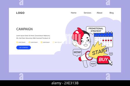 Kickstart campaign concept. Dynamic advertising strategy and consumer engagement to boost sales. Persuasive call to action with a vibrant design. Flat vector illustration. Stock Vector