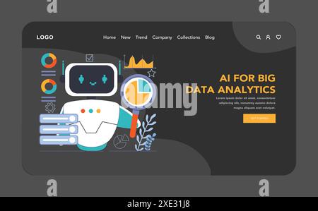 Ai integration dark or night mode web, landing. Artificial intelligence and human synergy. Neural network assistance and robotization. Big data processing. Flat vector illustration Stock Vector