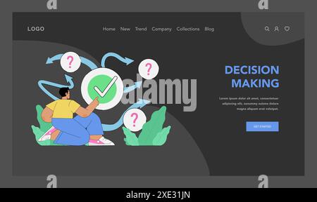 Decision making concept. Contemplative person navigating choices symbolized by arrows and question marks. Journey to right decision. Different methods to choose correct option. Flat vector Stock Vector